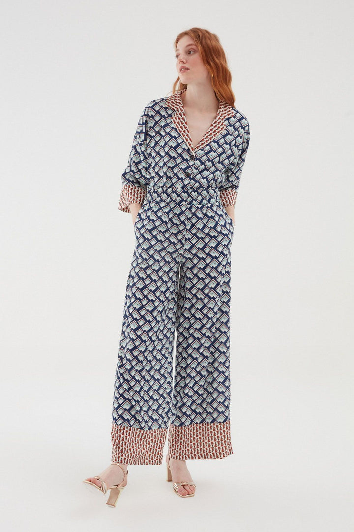 Renkli Desenli Bol Paça Pantolon Mavi