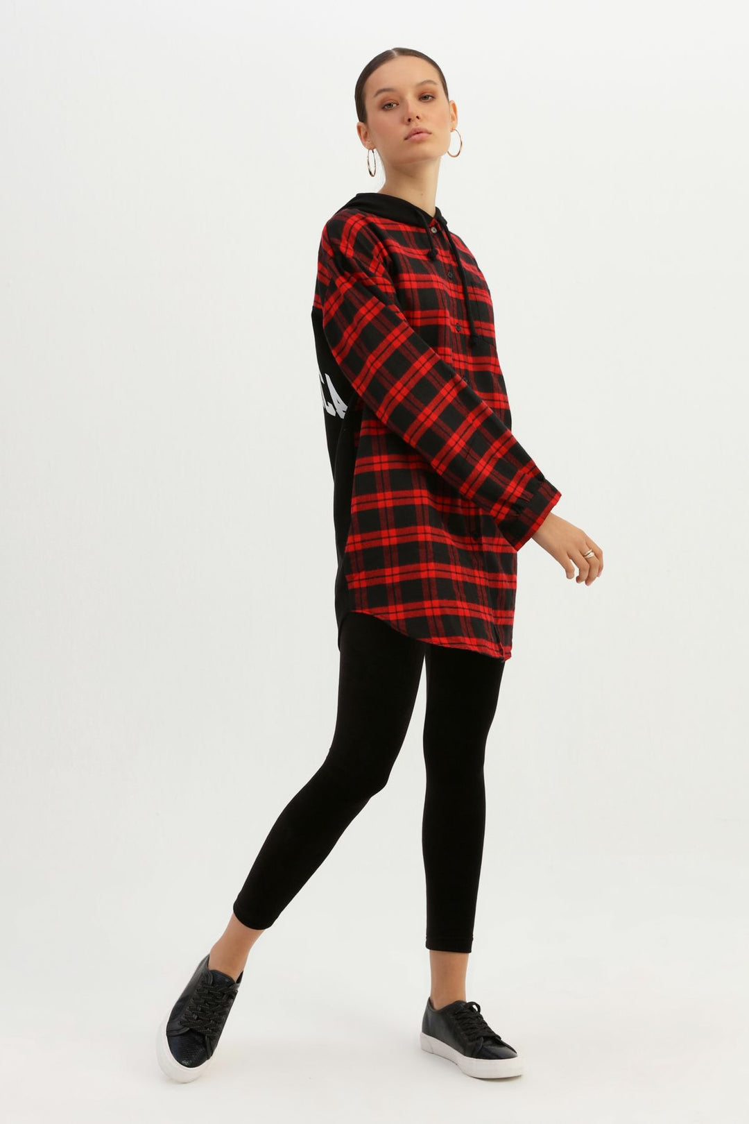 Hooded Back Printed Striped Shirt Red