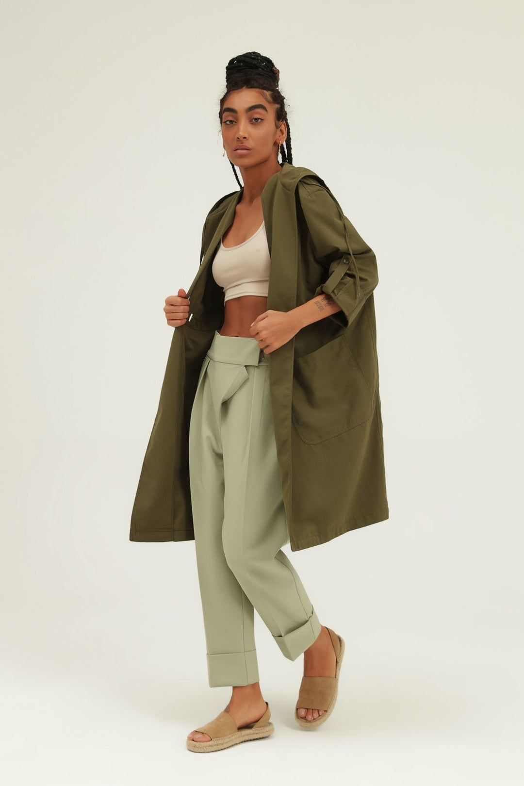 Pleated Waist Hooded Trench Coat Khaki