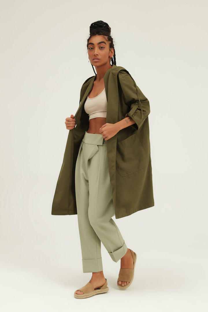 Pleated Waist Hooded Trench Coat Khaki