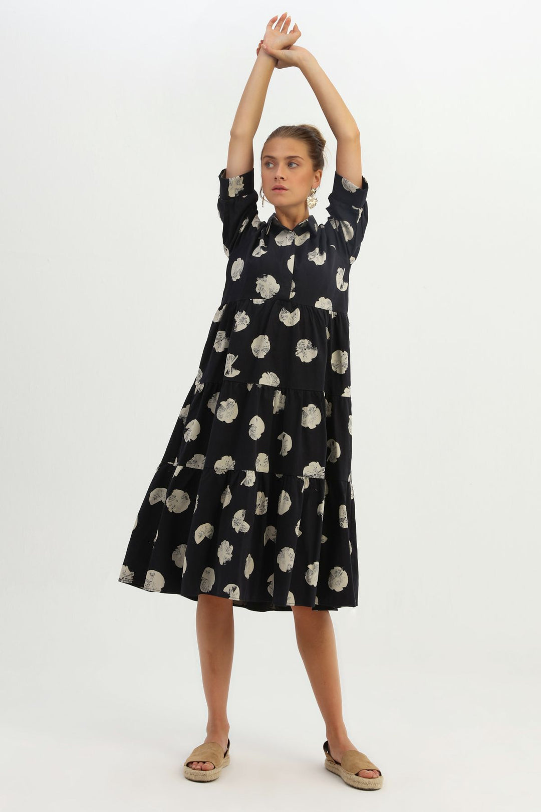 Patterned Shirt Collar Pocketed Dress Black