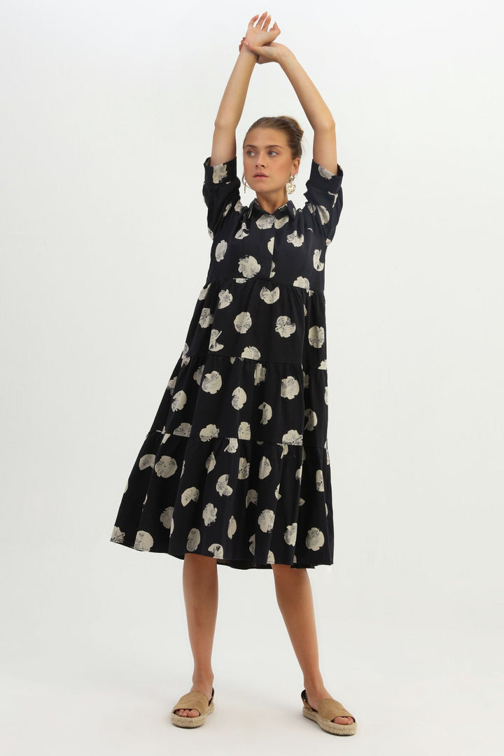 Patterned Shirt Collar Pocketed Dress Black