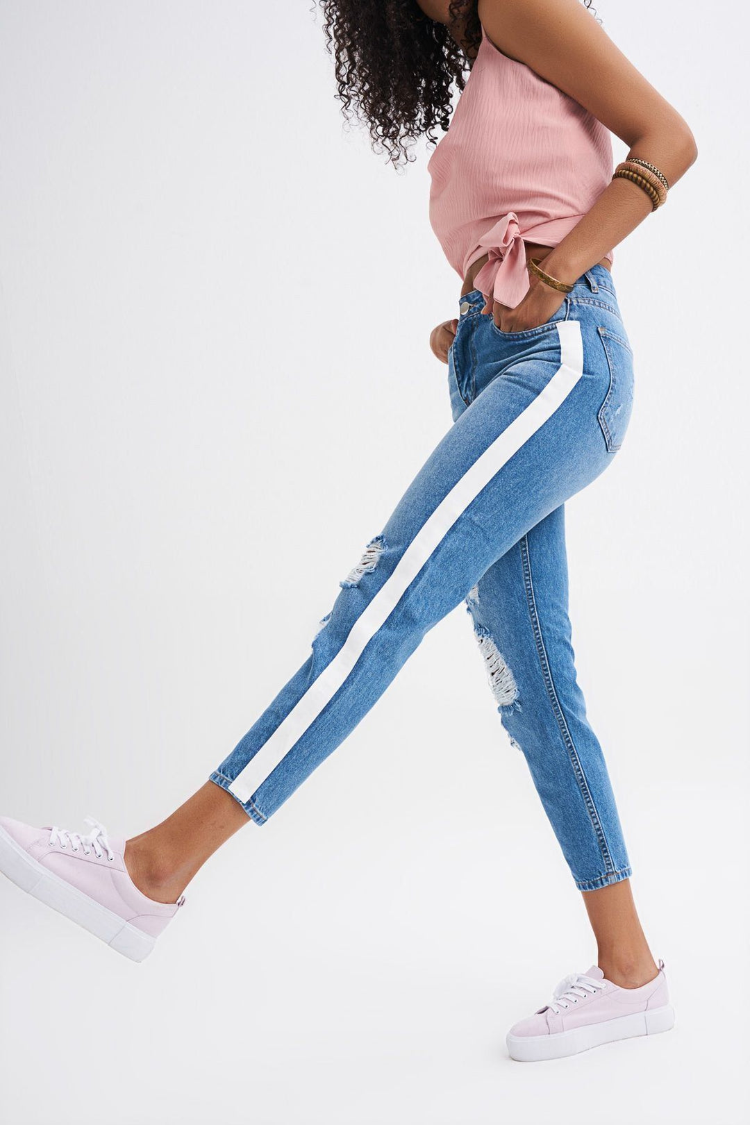 Yanları Beyaz Şeritli Kot Pantolon Mavi