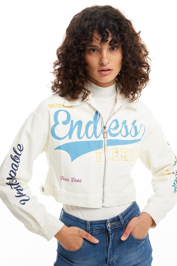 Printed Zipper Jacket Ecru