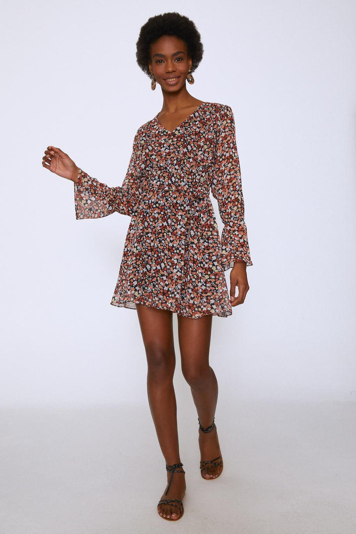 Crispy Flower Waist Belted Dress Orange