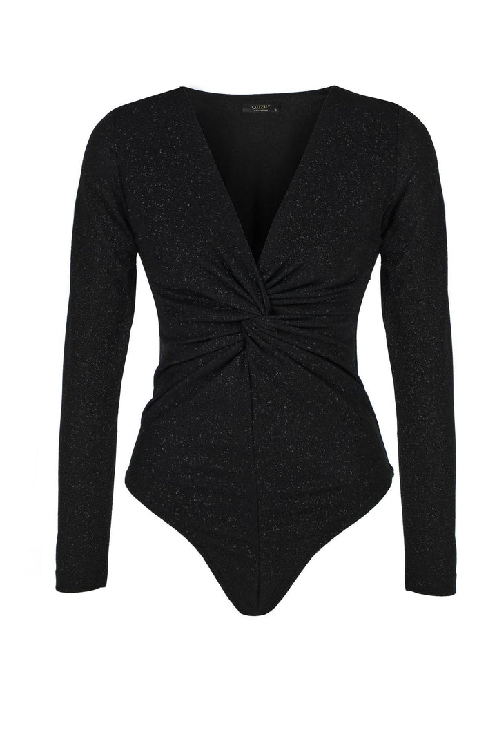 Double Breasted Silvery Bodysuit Blouse Black