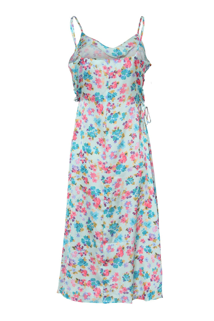 Çiçekli Askılı Saten Midi Elbise Mint