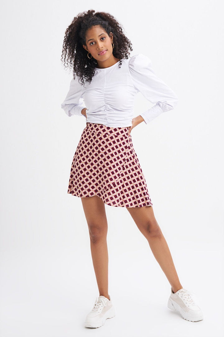 Patterned Wrap Mini Skirt Claret Red