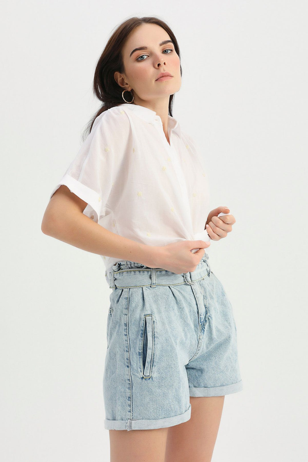 Front Tie Embroidered Shirt Beige