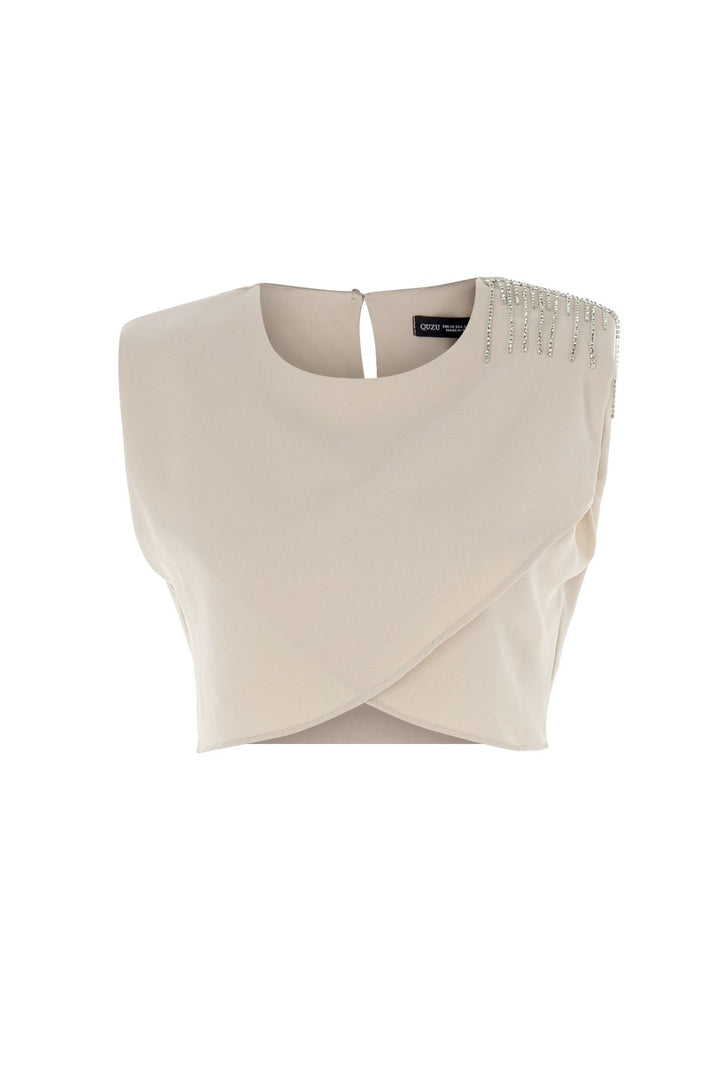 Embroidered Detailed Waistband Crop Blouse Beige