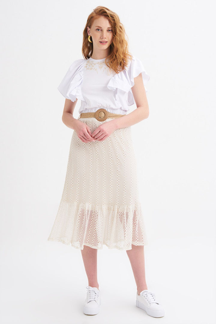 Nakış Detaylı Karpuz Kol Tişört Beyaz