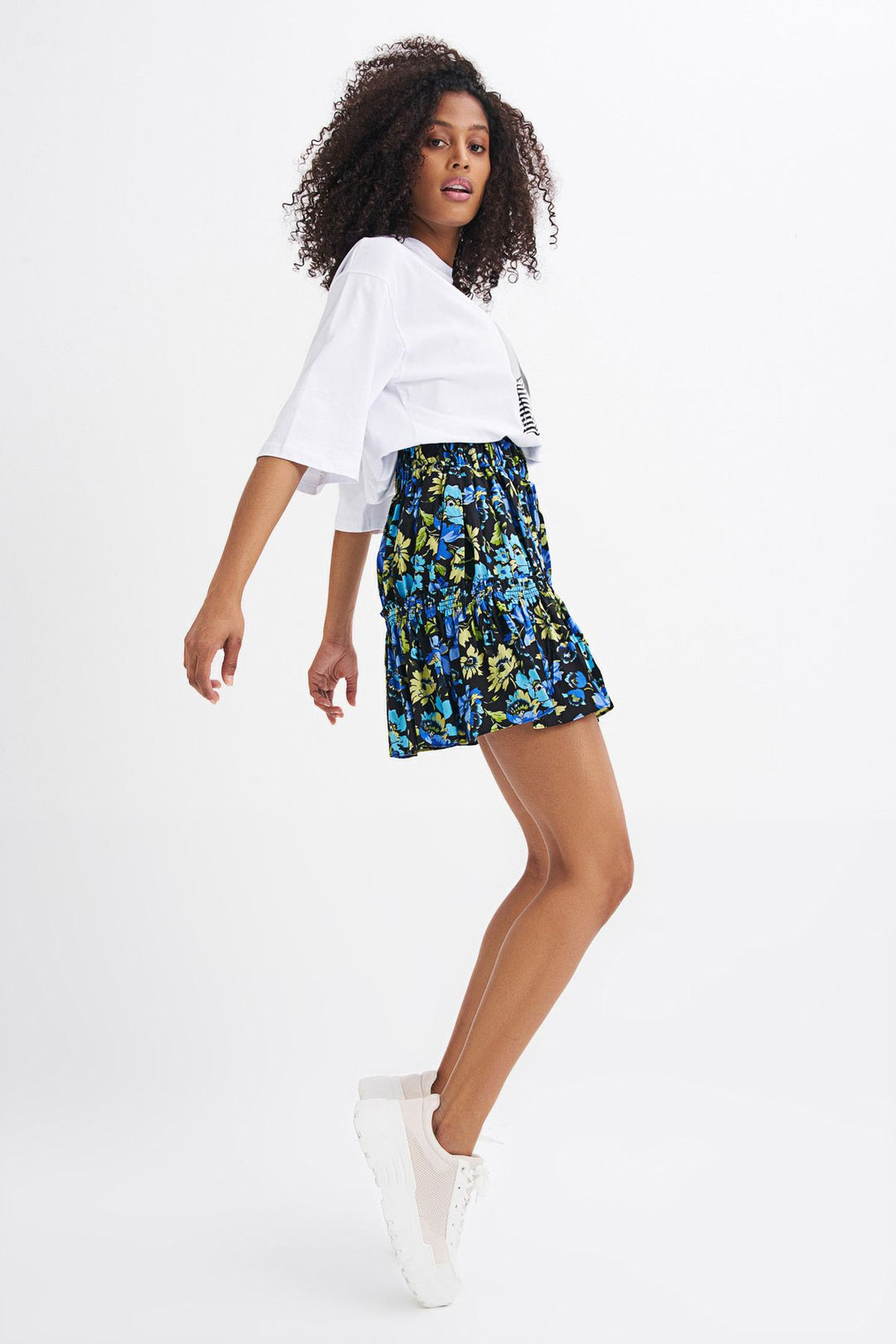 Floral Pattern Elastic Waist Skirt Blue