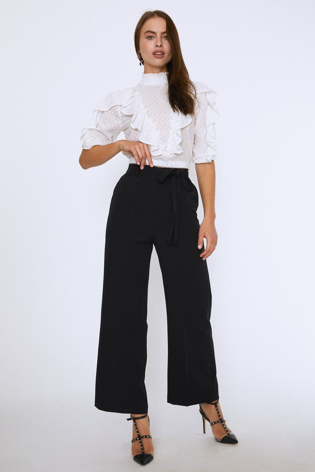 Beli Bağlamalı Geniş Paça Pantolon Siyah