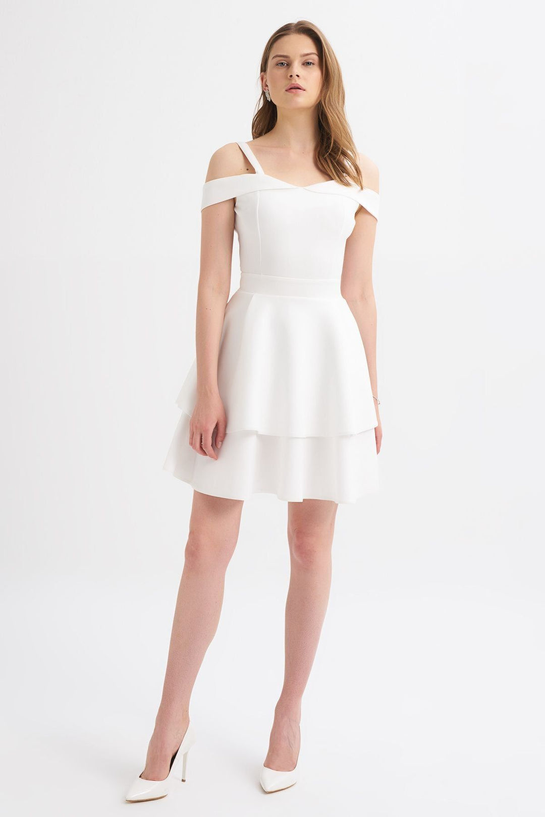 Askılı Düşük Omuz Kat Kat Elbise Ekru