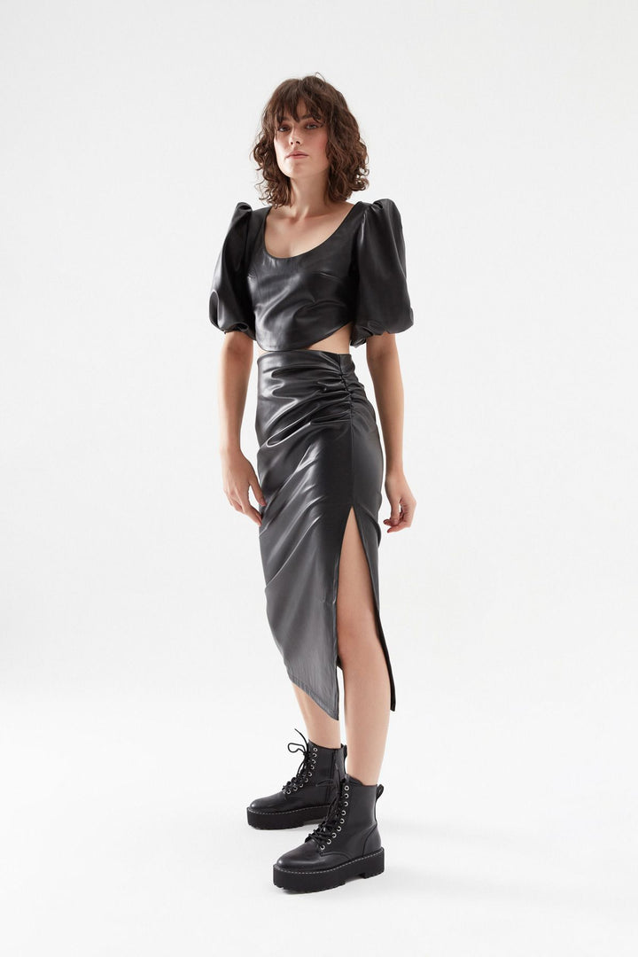 Pleated Leather Midi Skirt Black