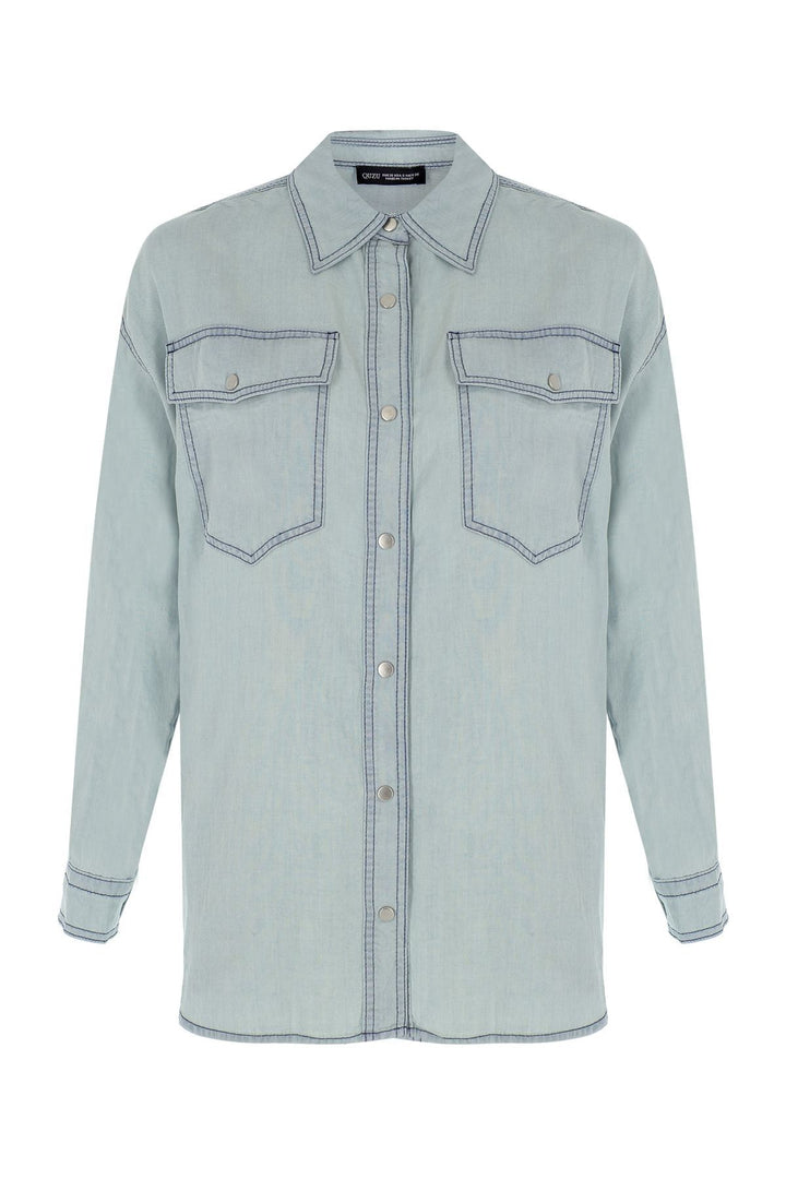 Sırt Baskılı Düğmeli Gömlek Mavi