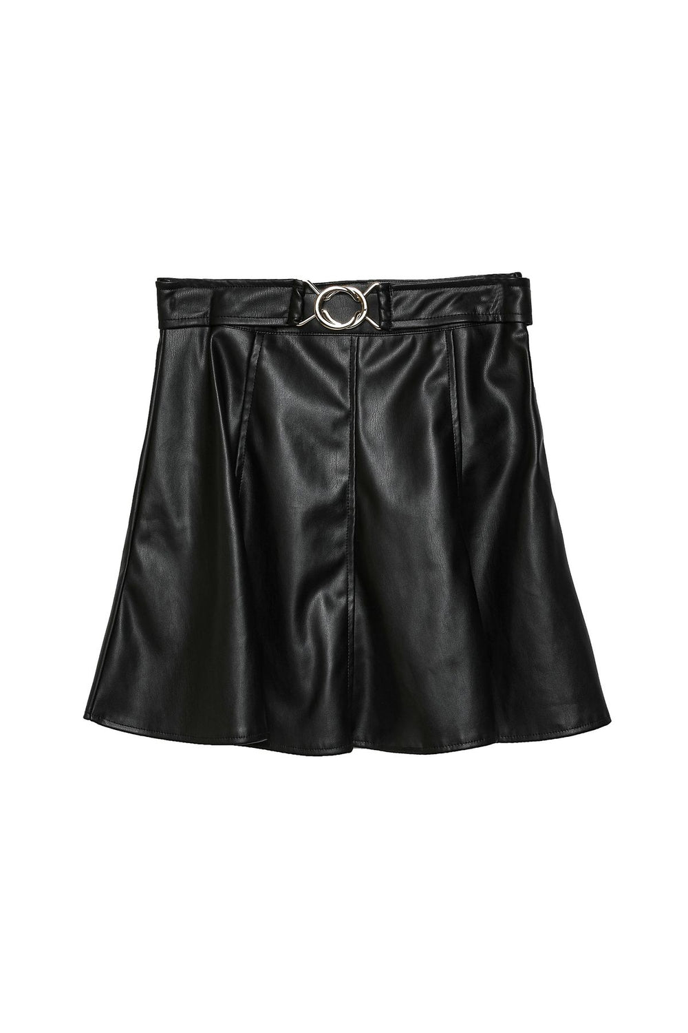 Belt Detailed Leather Mini Skirt Black