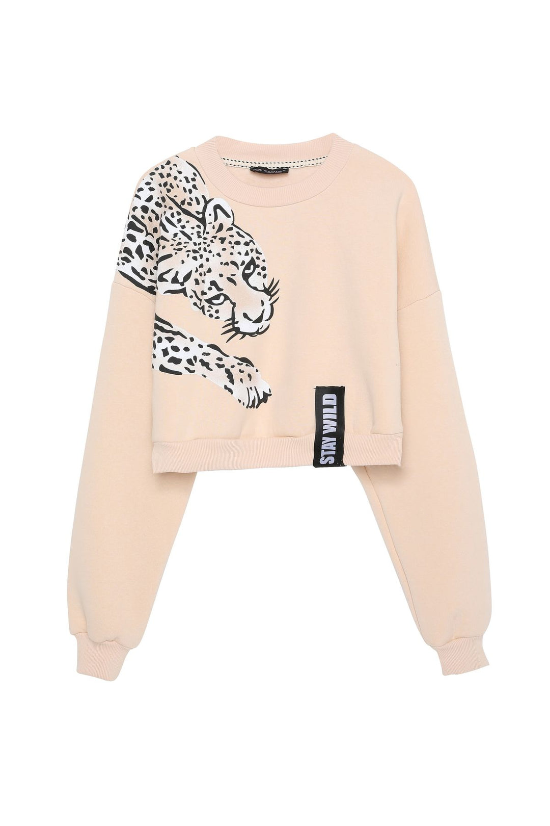 Baskı Detaylı Crop Sweatshirt Açık Bej