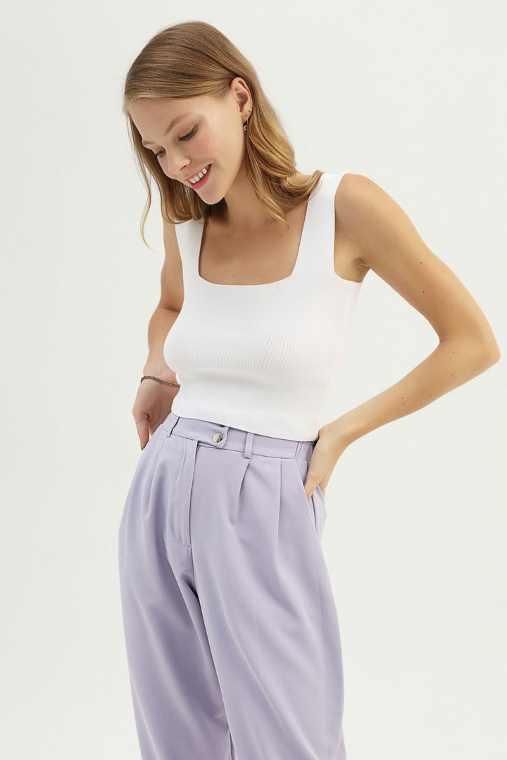 Askılı Kare Yaka Triko Beyaz