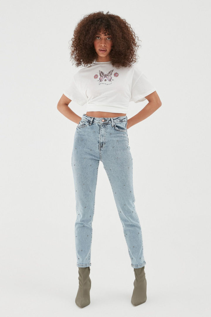 Stone Detailed Jeans Ice Blue