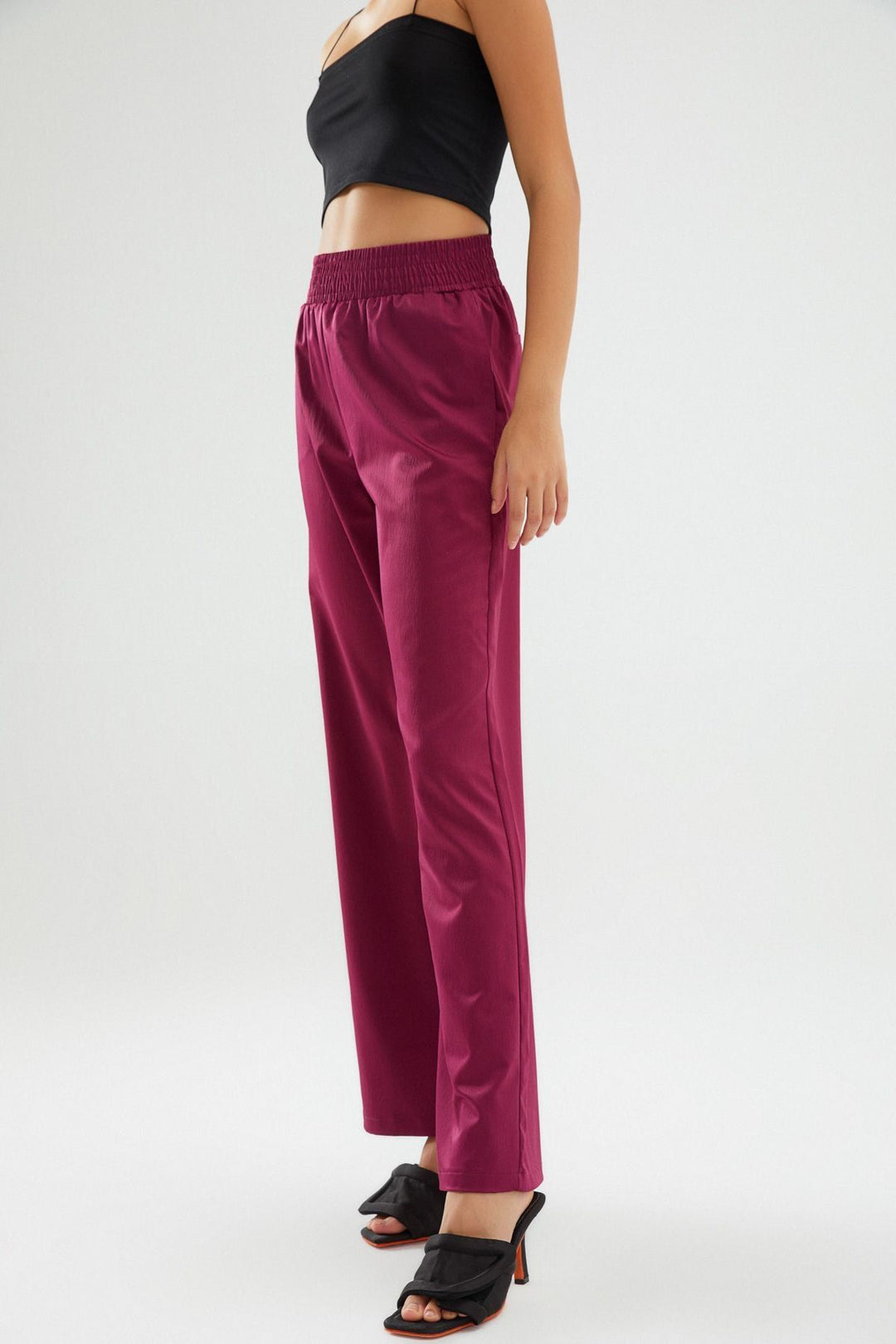 Beli Lastikli Saten Pantolon Fuşya