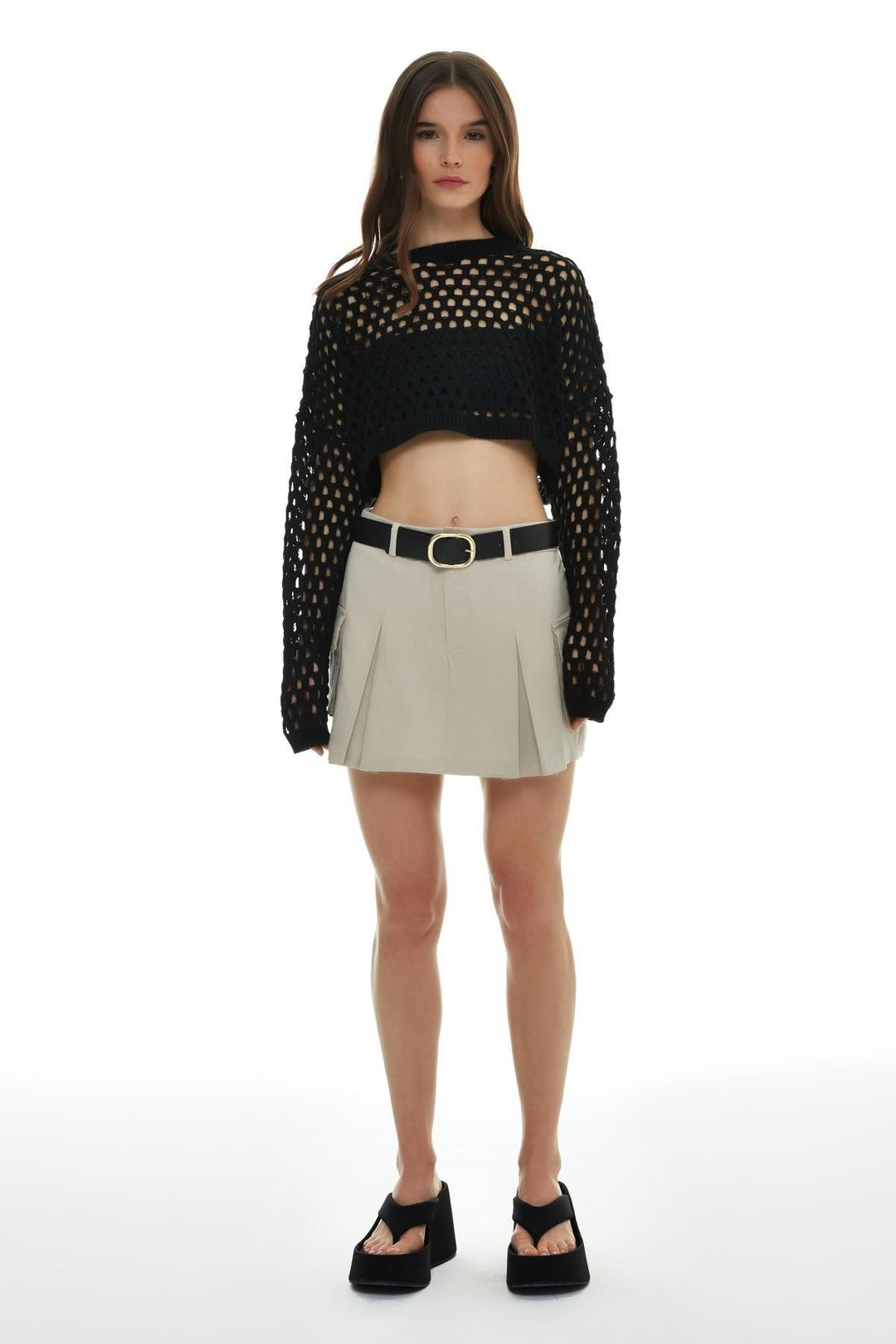 Kemer Aksesuarlı Cepli Şort Etek Taş