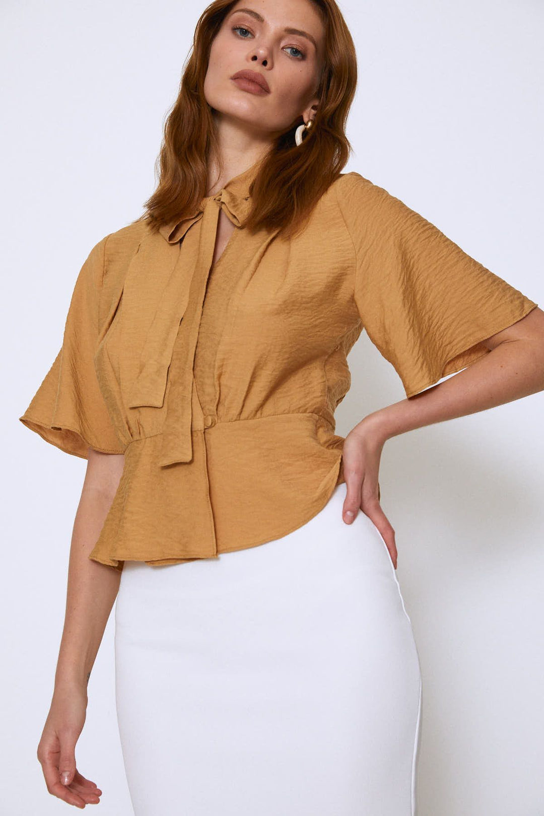 V-Neck Tie Blouse Camel