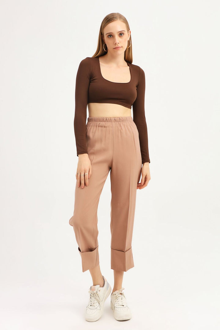 Beli Lastikli Duble Paça Pantolon Camel