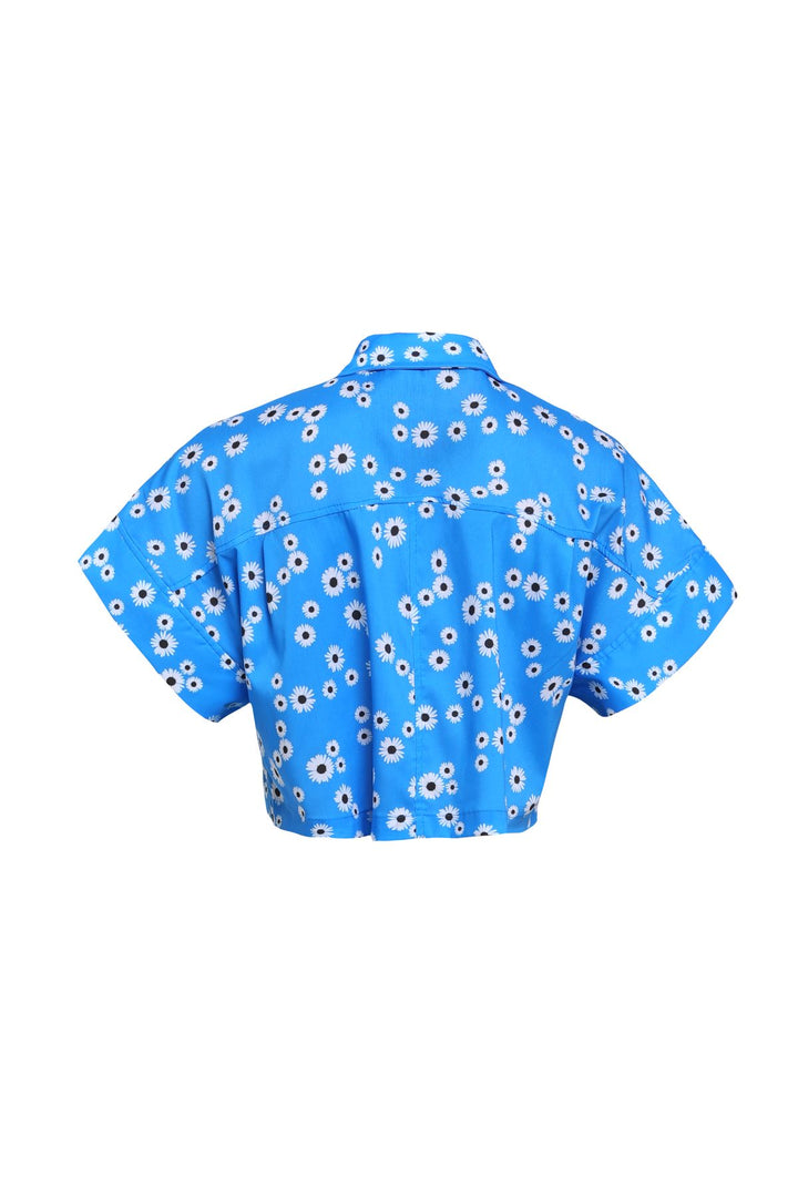 Çiçek Desenli Crop Gömlek Mavi