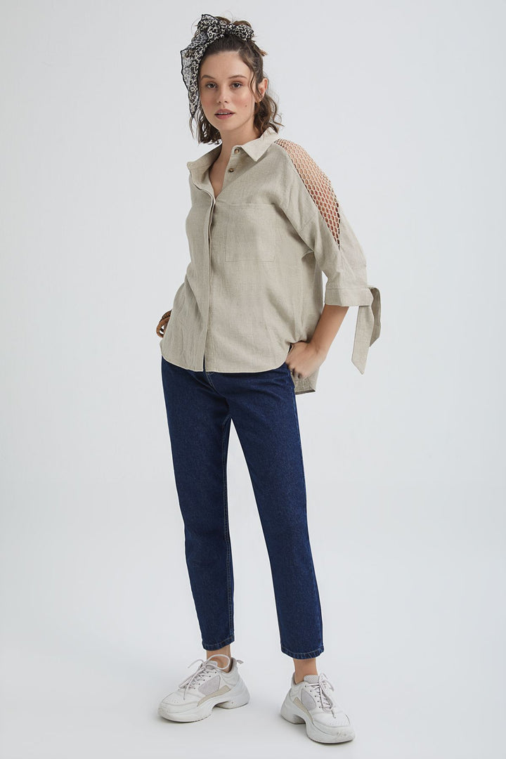 Linen Shirt with Mesh Sleeves Beige