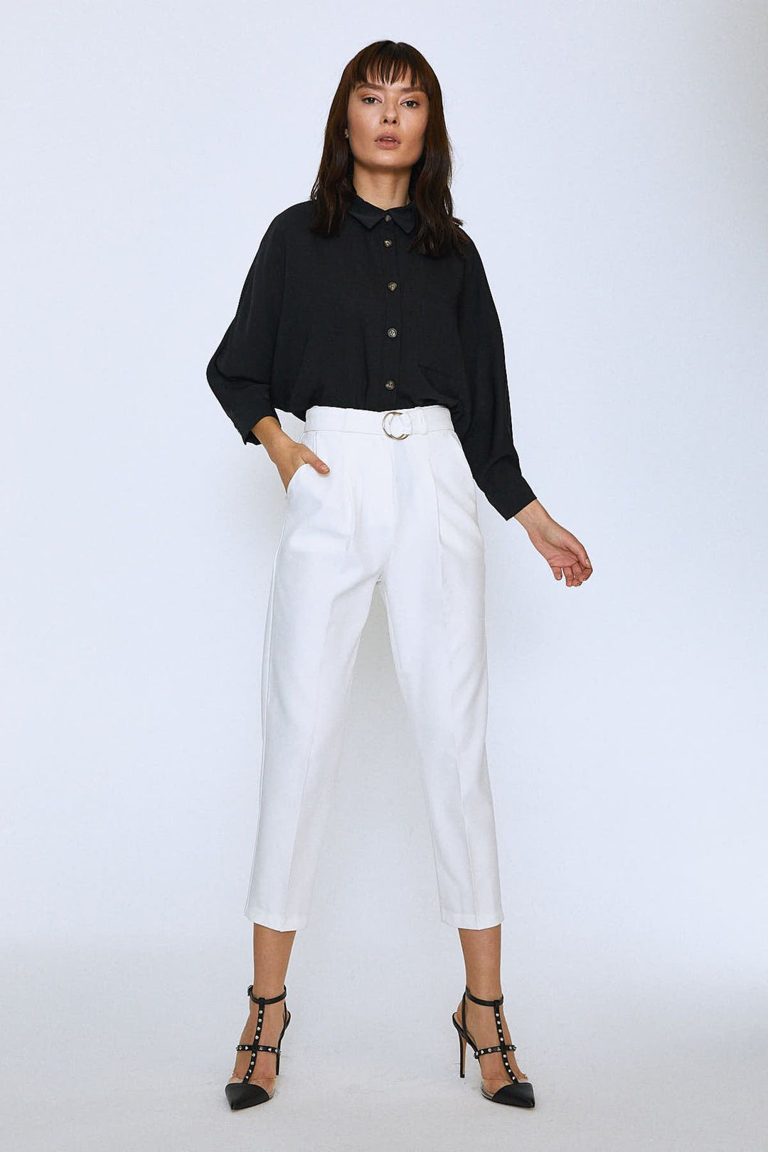 Waist Belted Fabric Trousers Ecru