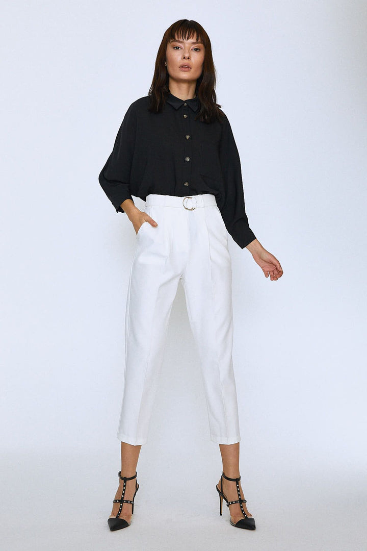 Waist Belted Fabric Trousers Ecru