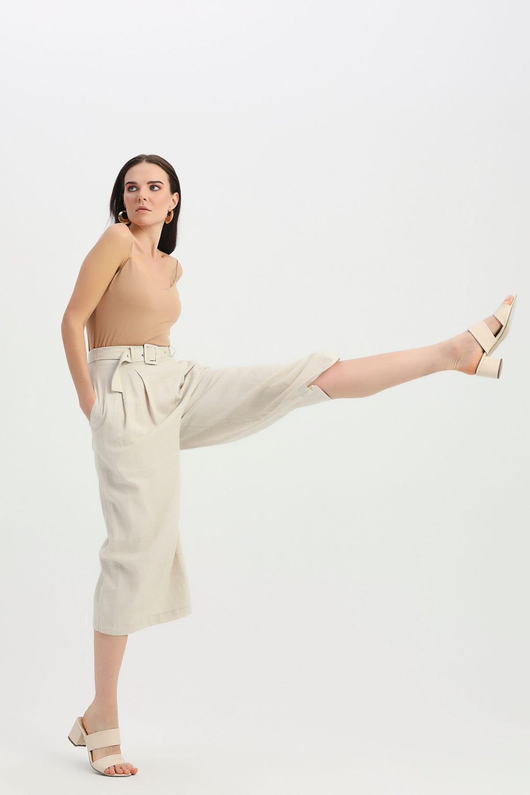 Kemerli Keten Pantolon Naturel