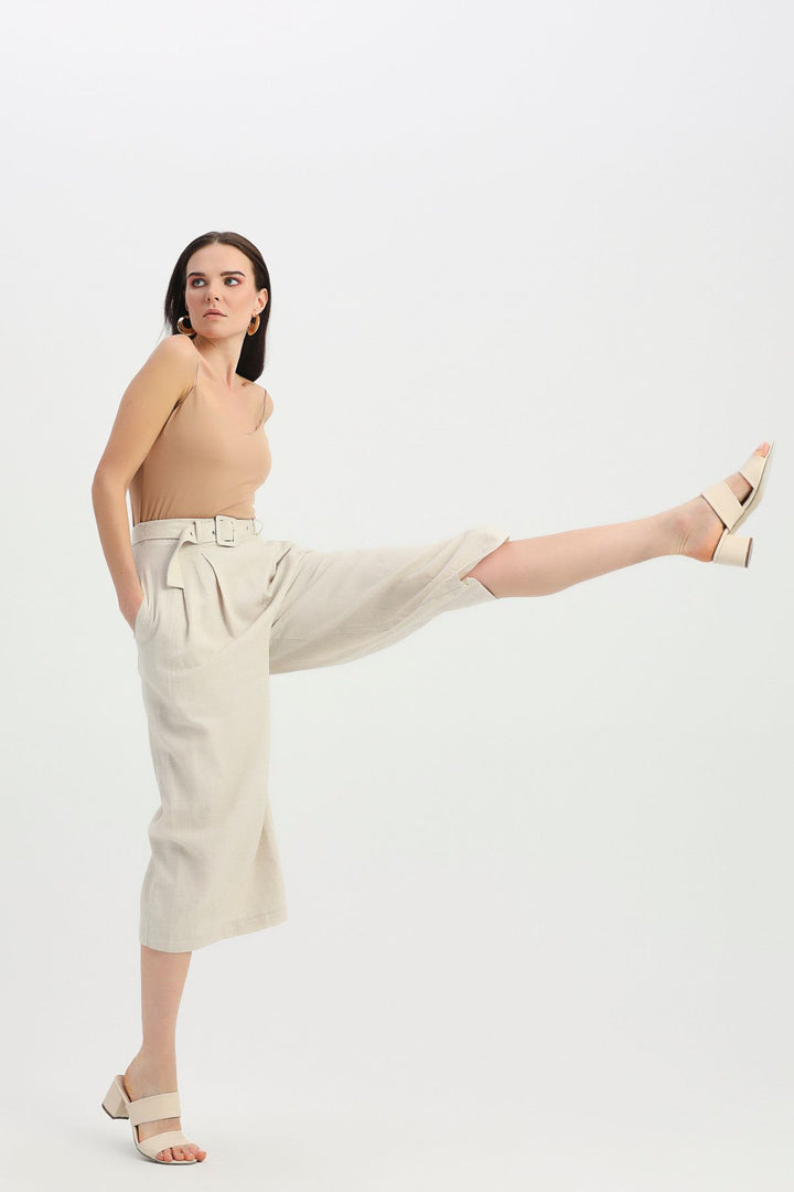 Kemerli Keten Pantolon Naturel