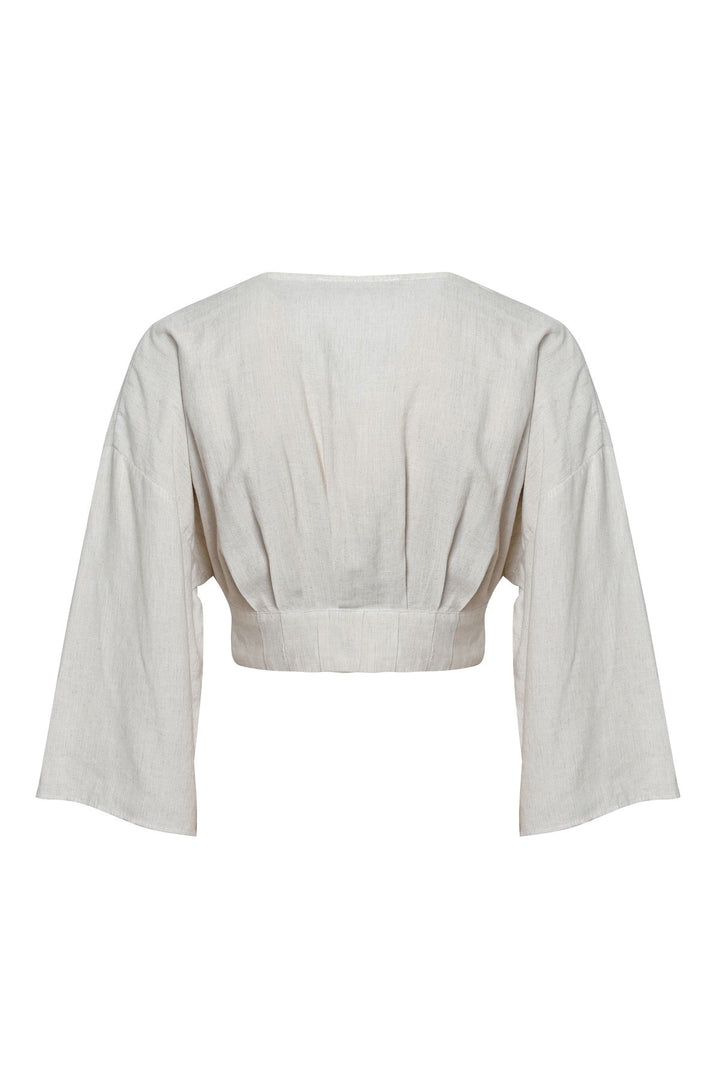 V Yaka Crop Keten Bluz Naturel
