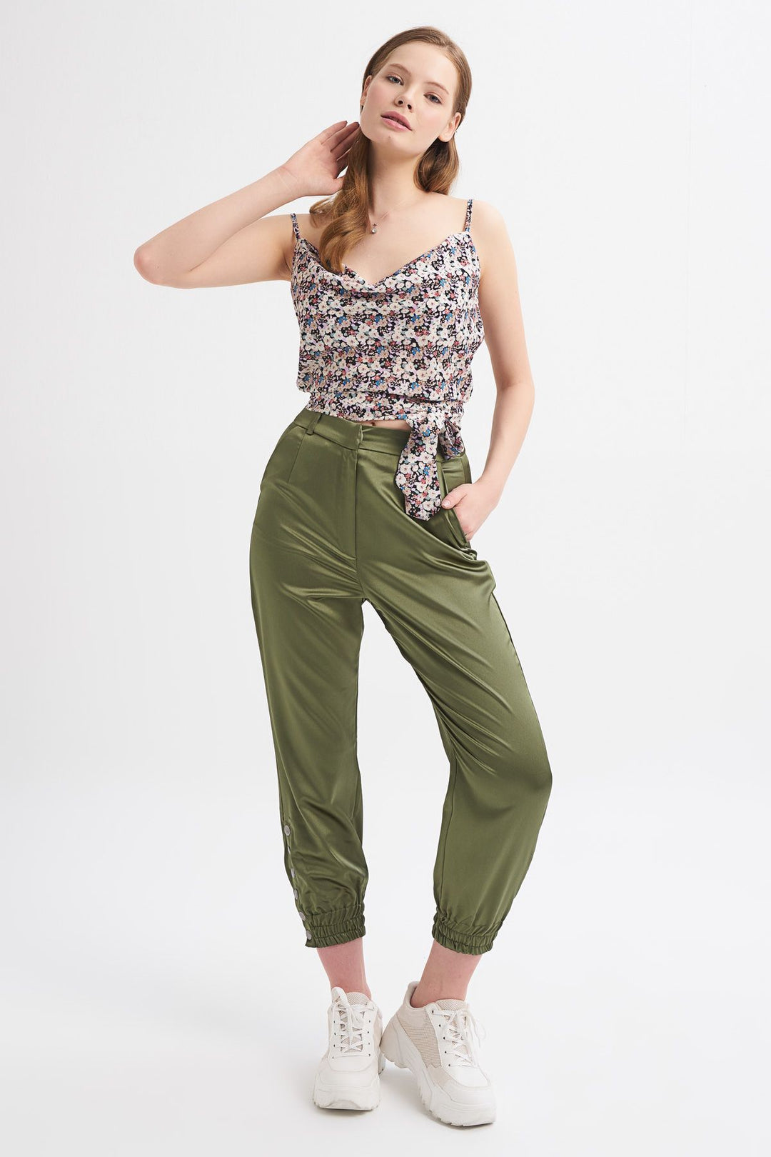 Snap Fastened Jogger Trousers Khaki