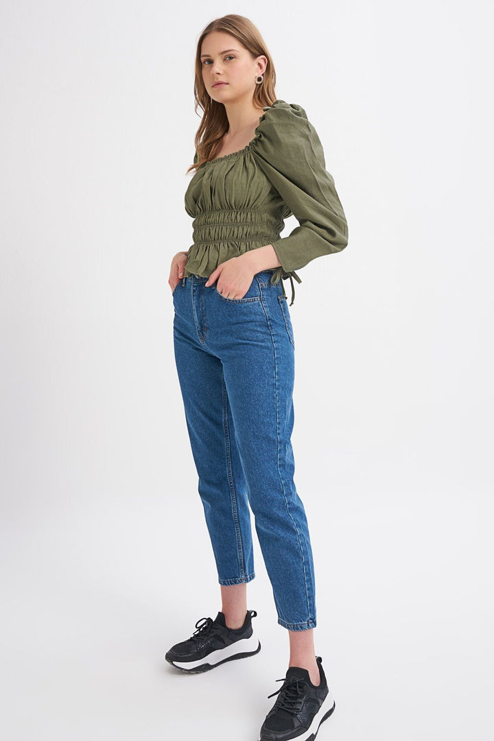 Watermelon Sleeve Square Collar Gipe Blouse Dark Khaki