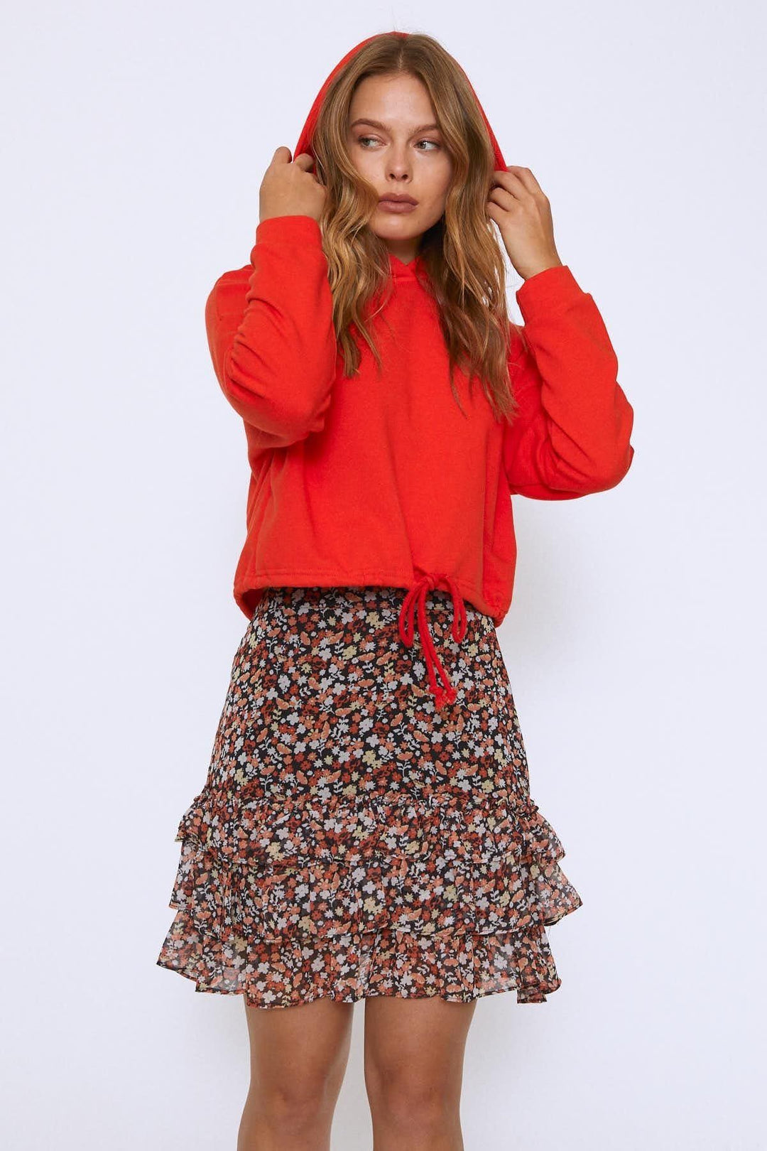 Kapüşonlu Beli Bağcıklı Sweatshirt Oranj