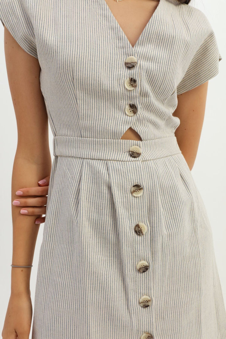 V Neck Buttoned Linen Dress Indigo