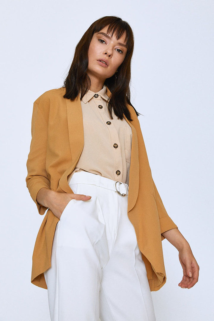 Şal Yaka Fileto Cepli Ceket Camel