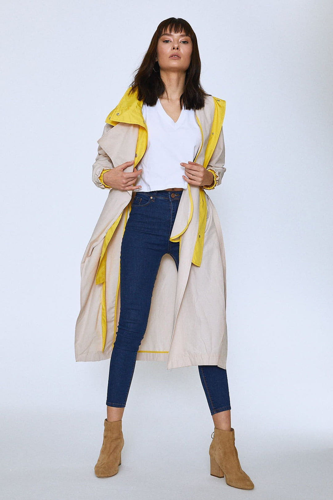 Back Printed Hooded Trench Coat Stone