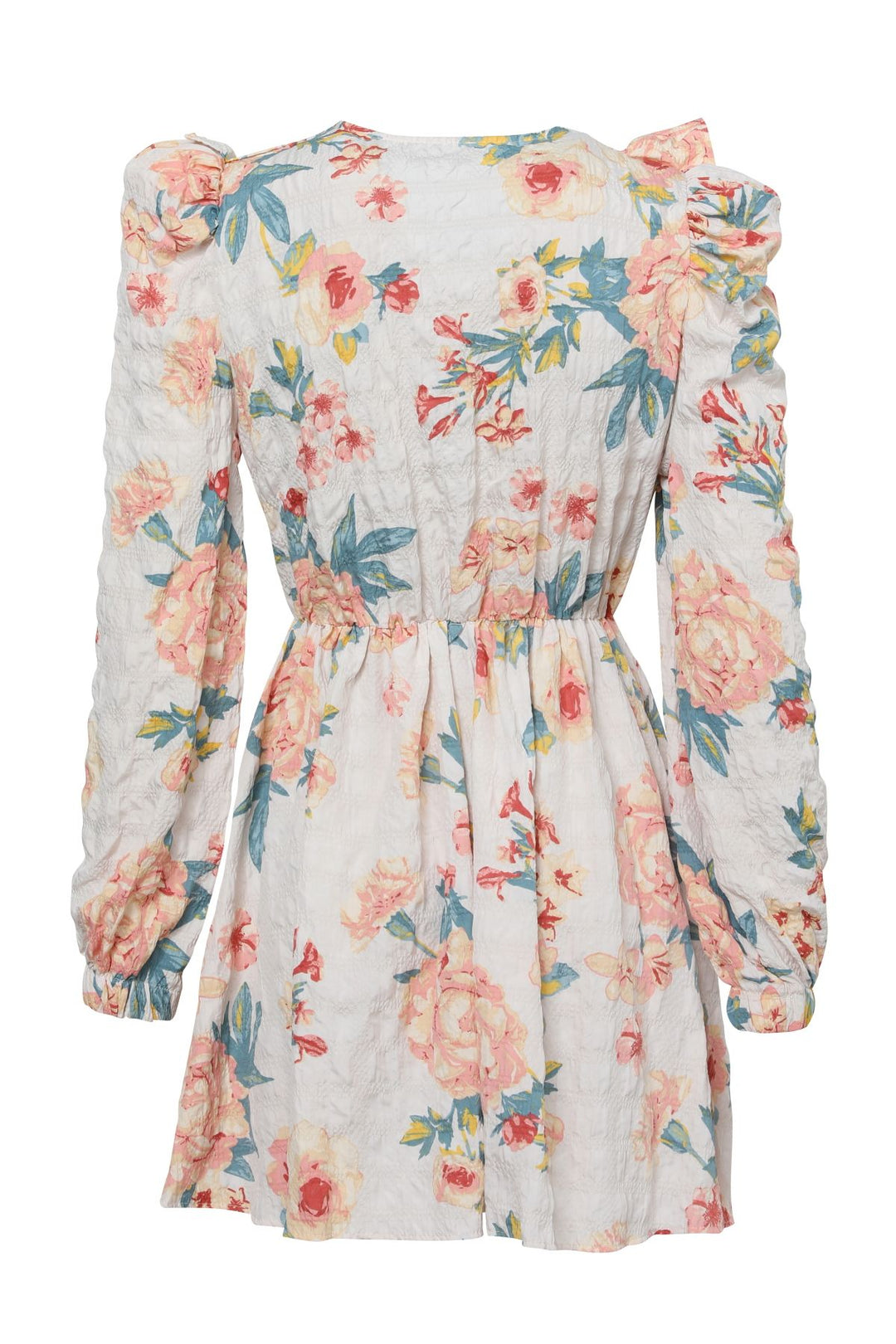 Frilly Double Breasted Floral Mini Dress Ecru