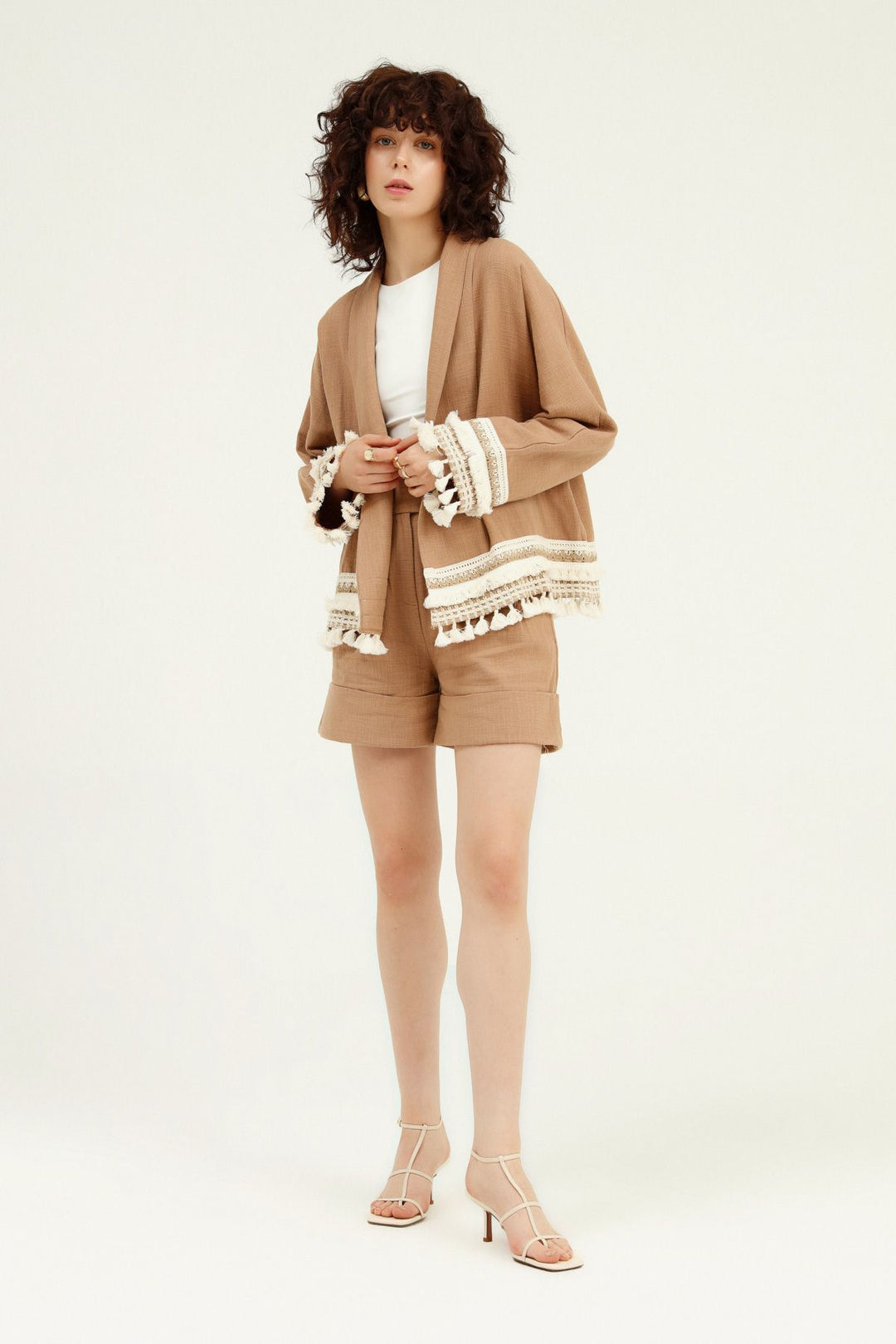 Püsküllü Şal Yaka Ceket Camel