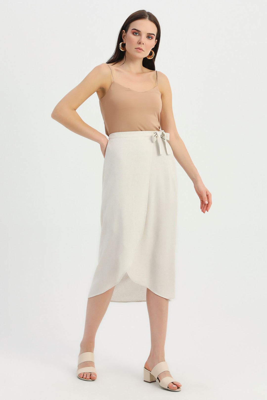 Tie Detailed Wrapped Linen Skirt Natural