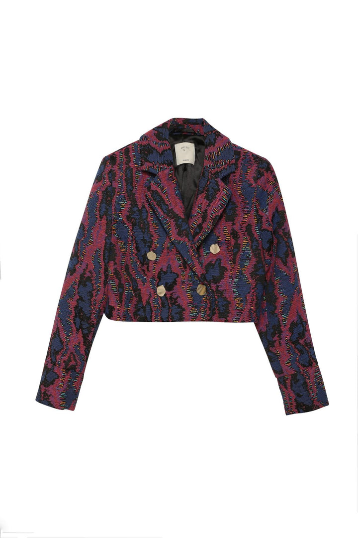 Renkli Desenli Crop Ceket Fuşya