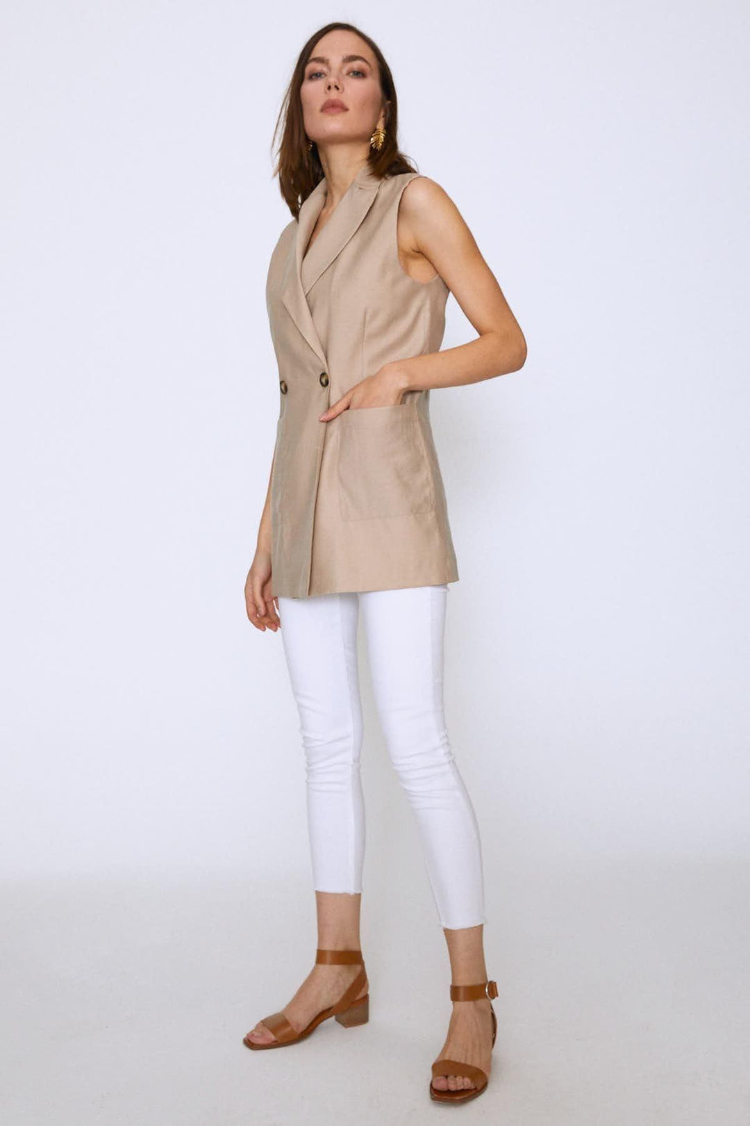 Double Breasted Pocket Sleeveless Jacket Stone
