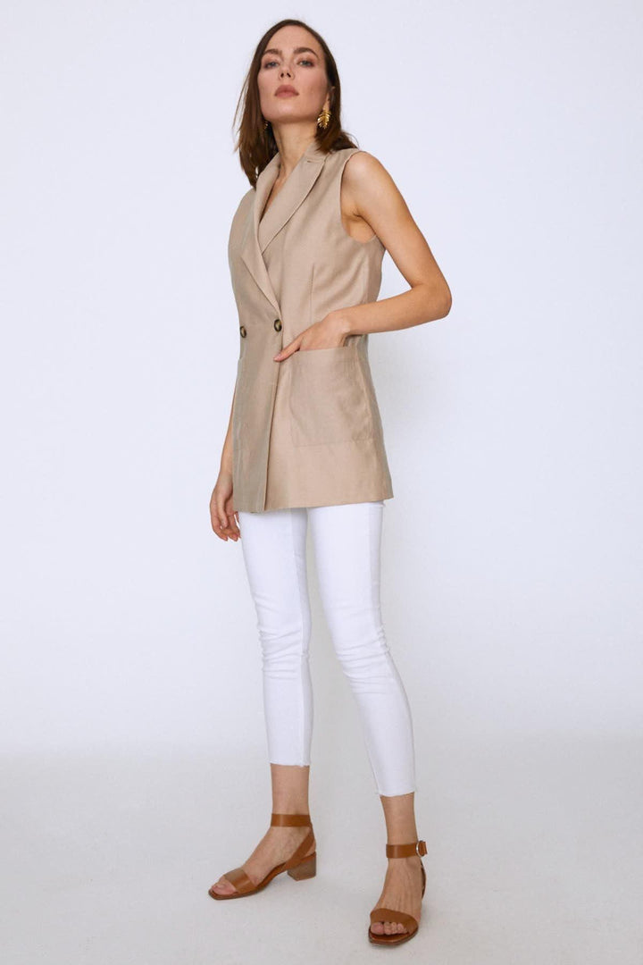 Double Breasted Pocket Sleeveless Jacket Stone