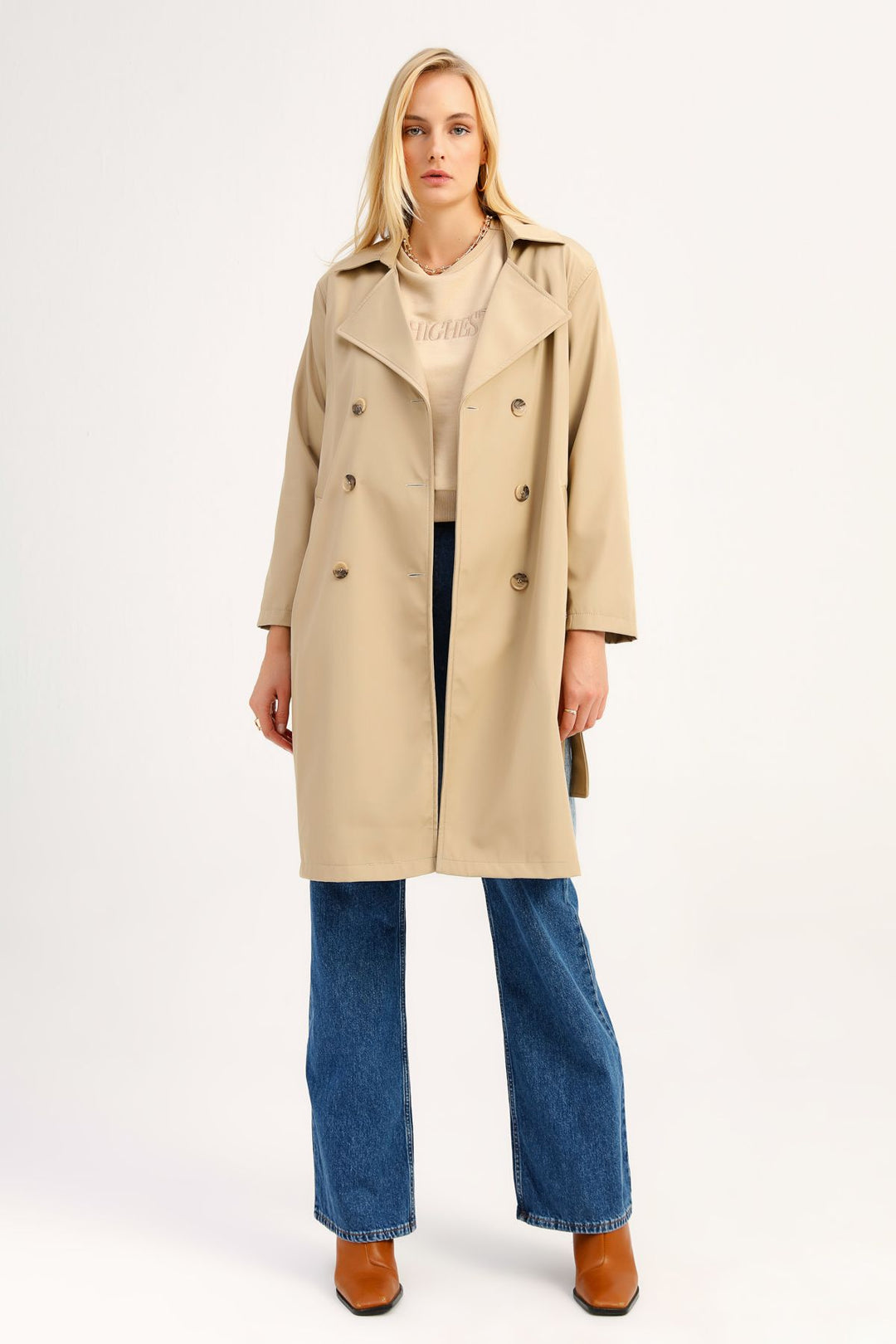Jeans Detailed Belt Trench Coat Beige