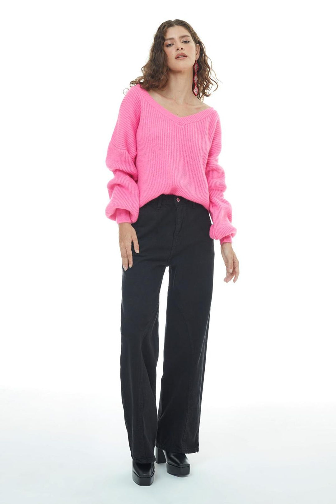 V Neck Sweater Fuchsia