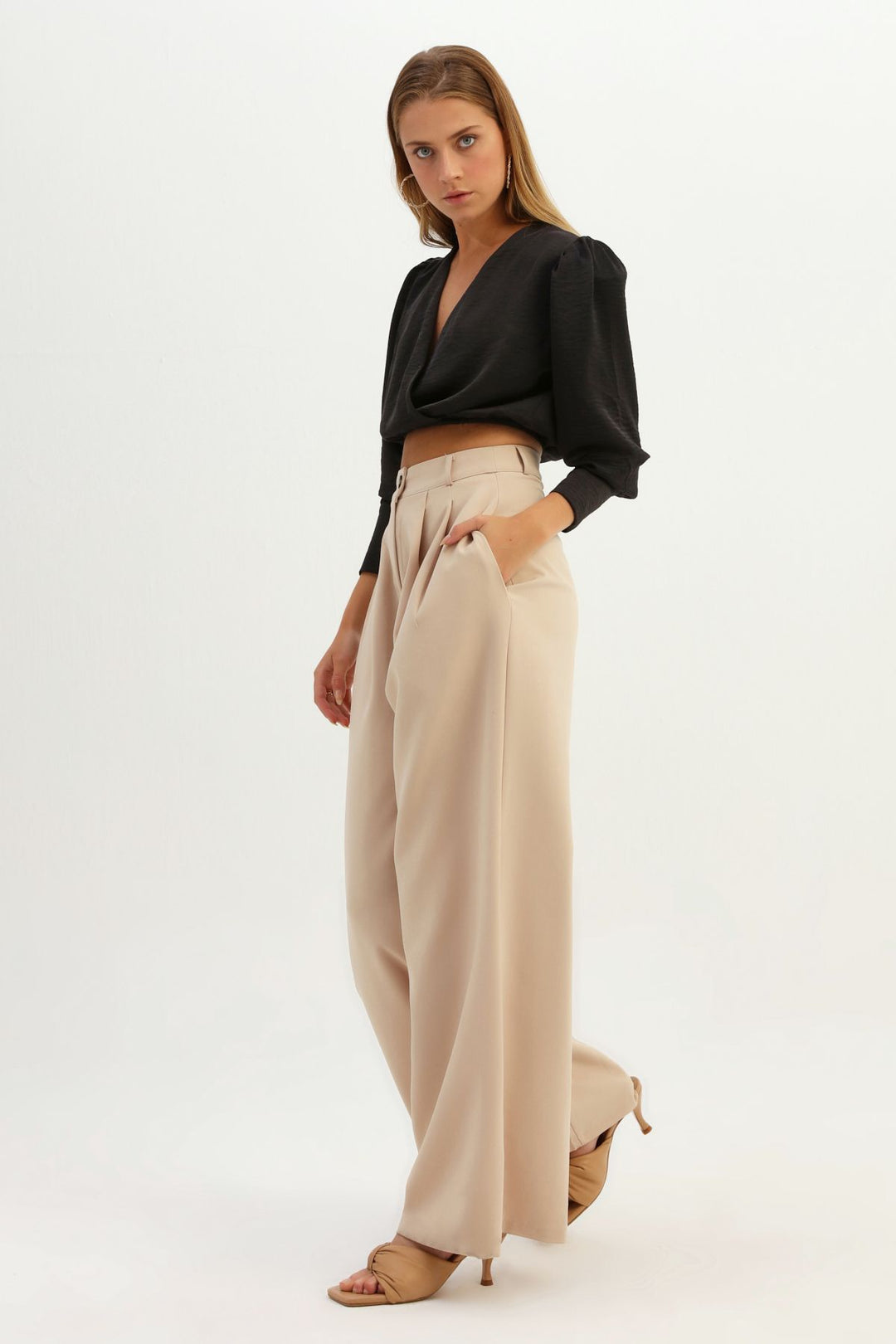 Waistband Double Breasted Crop Blouse Black